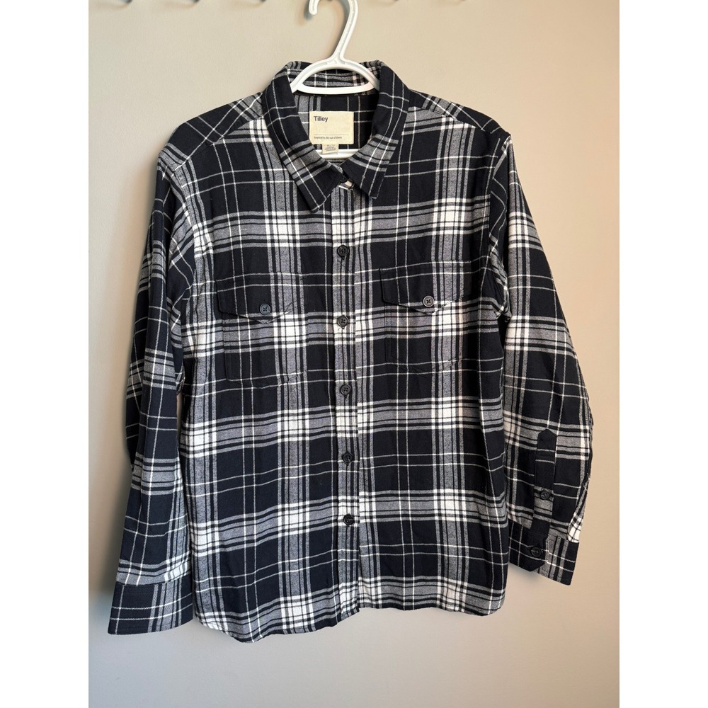 Tilley Plaid Flannel Button Down Shirt XL Gray Black Outdoors Gorpcore Womens